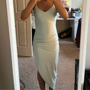 mint green midi dress with ruched slit